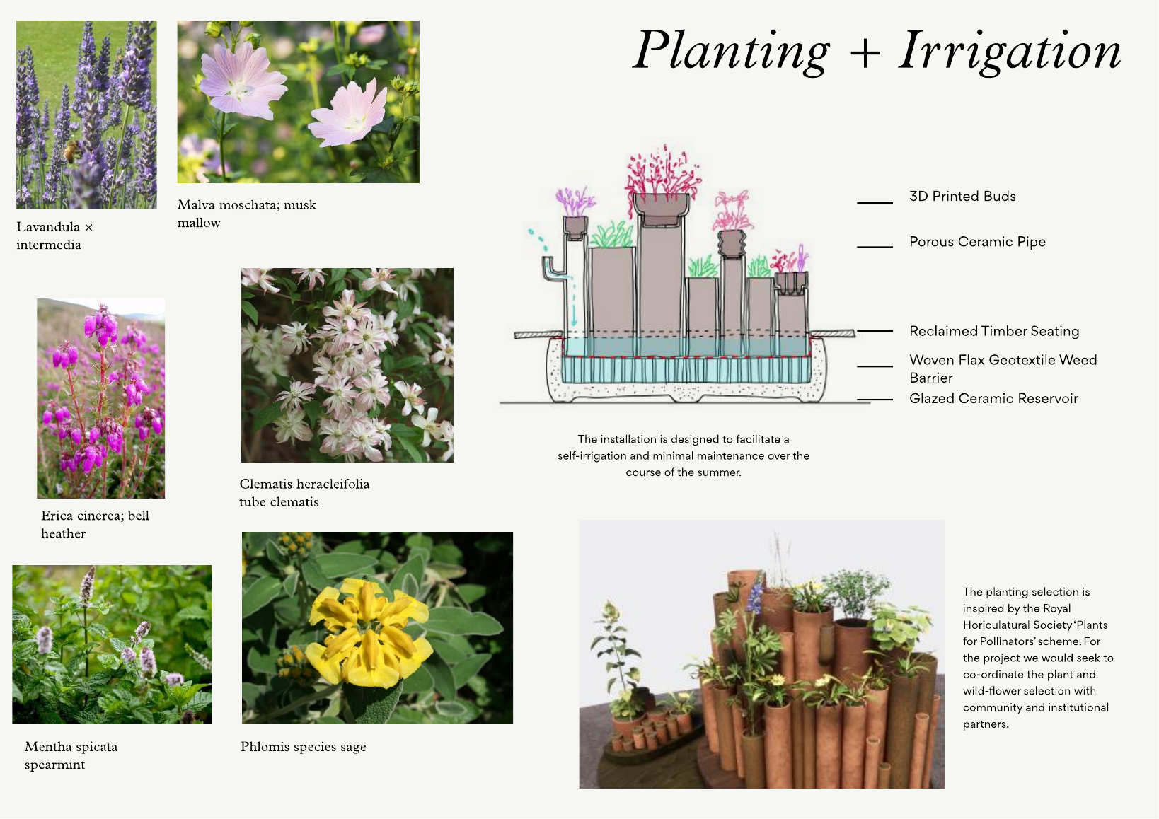 Planting palette and self-irrigating pipe system
