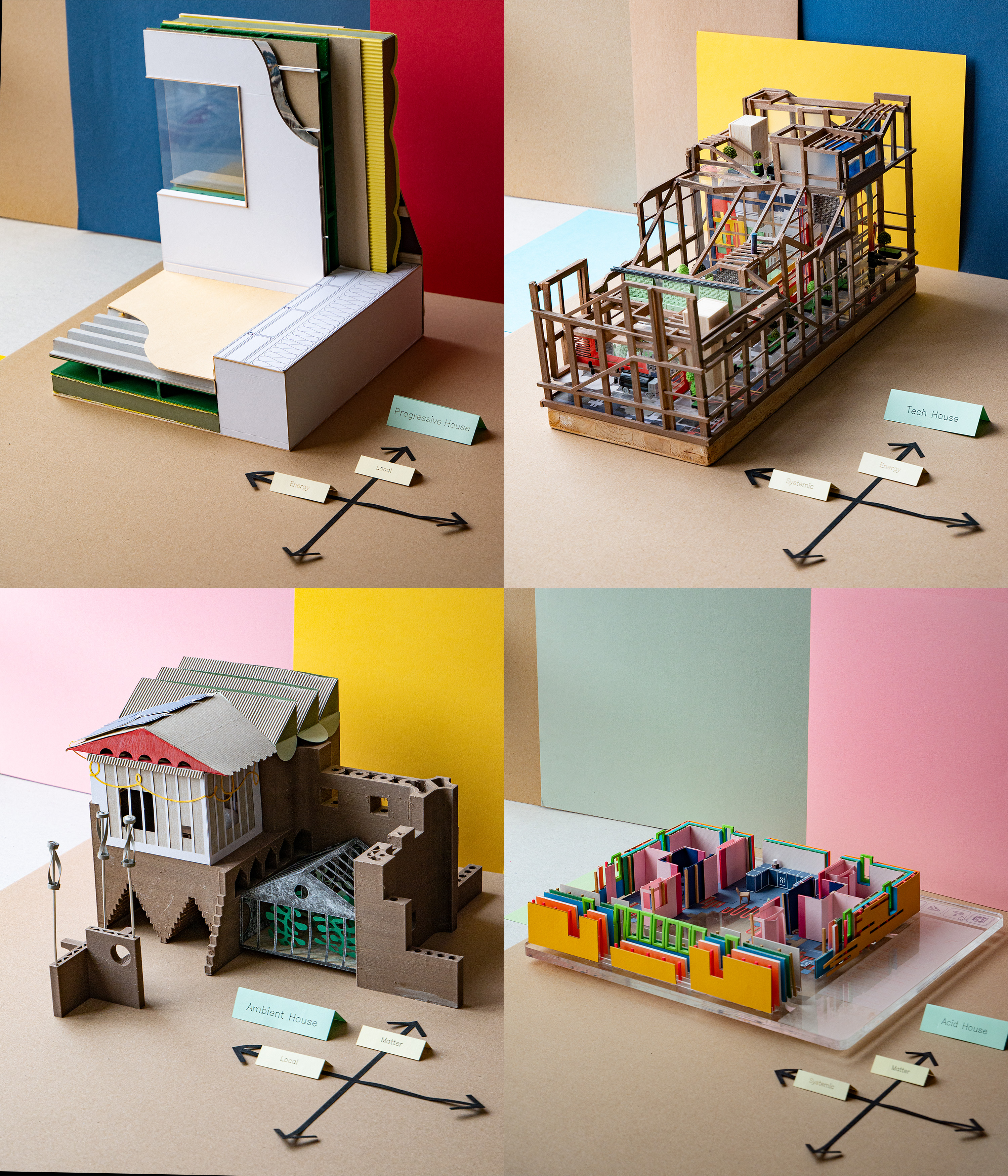 Four models for housing decarbonisation: Progressive House, Tech House, Ambient House and Acid House.